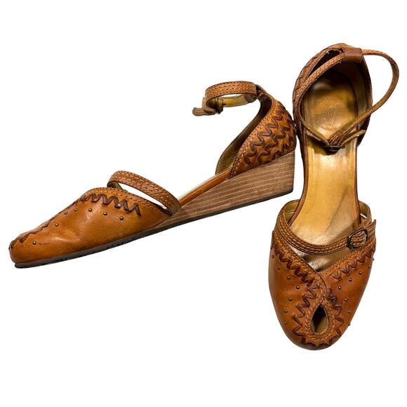 Frye Tess Leather Mary Jane Ankle Strap Peep Toe Wedge Sandals Size 9M - Picture 1 of 11